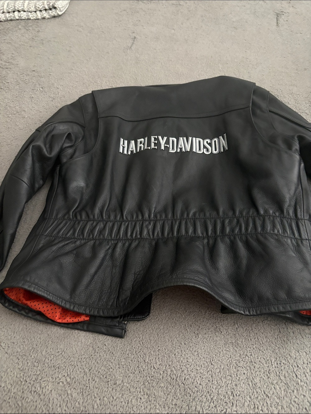 Harley-Davidson Black Leather Bomber Jacket with Orange Mesh Lining - Picture 4 of 4